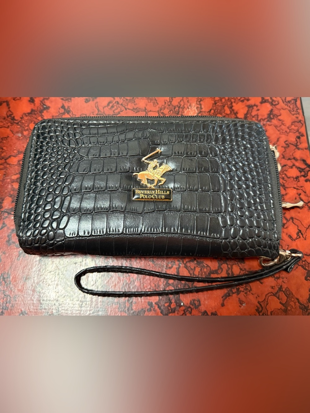 Beverly Hills Polo Club Black Croc-Embossed Wristlet with Gold Logo